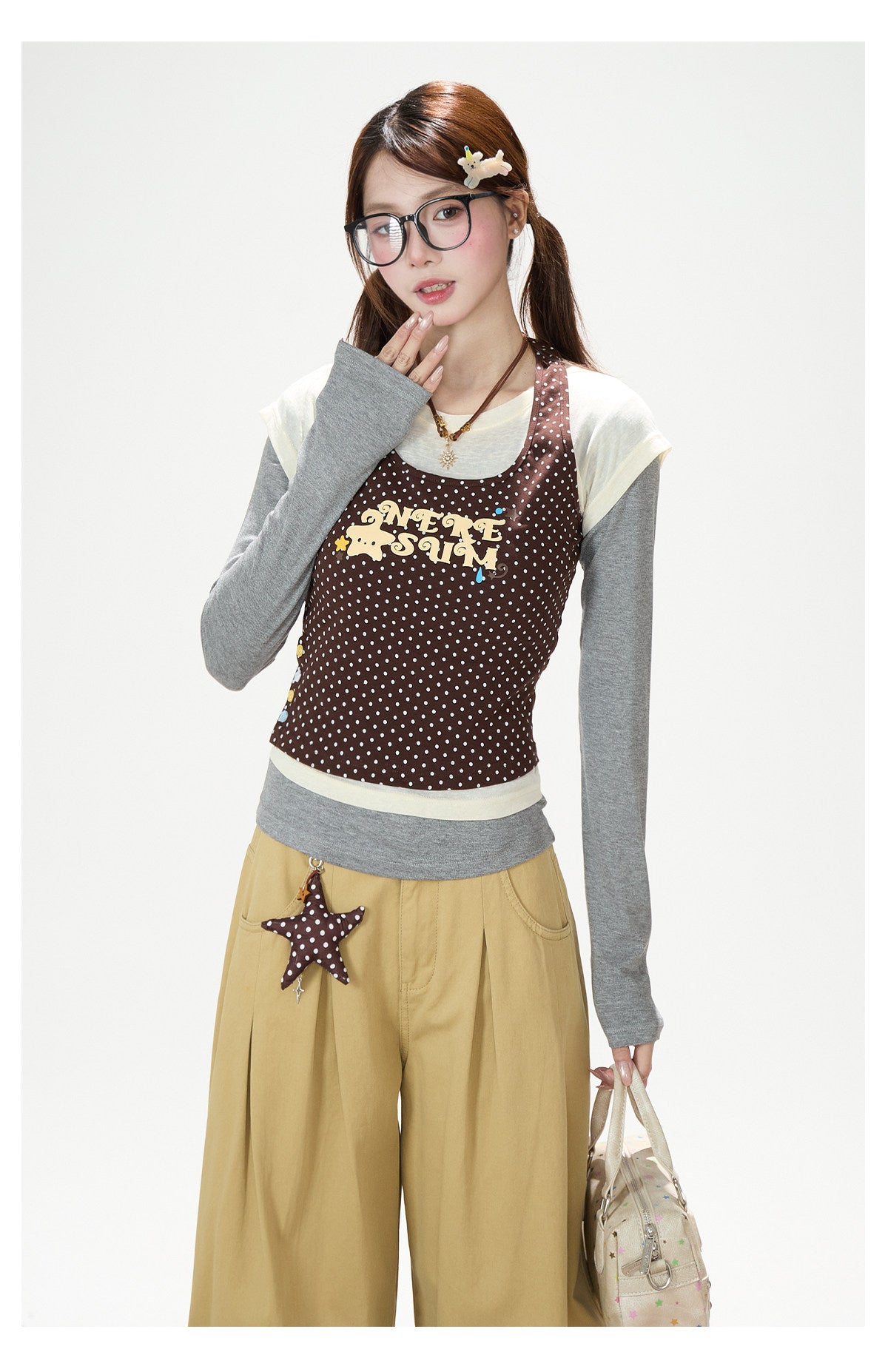 Coffee Polka-Dot Layered Long Sleeve Top