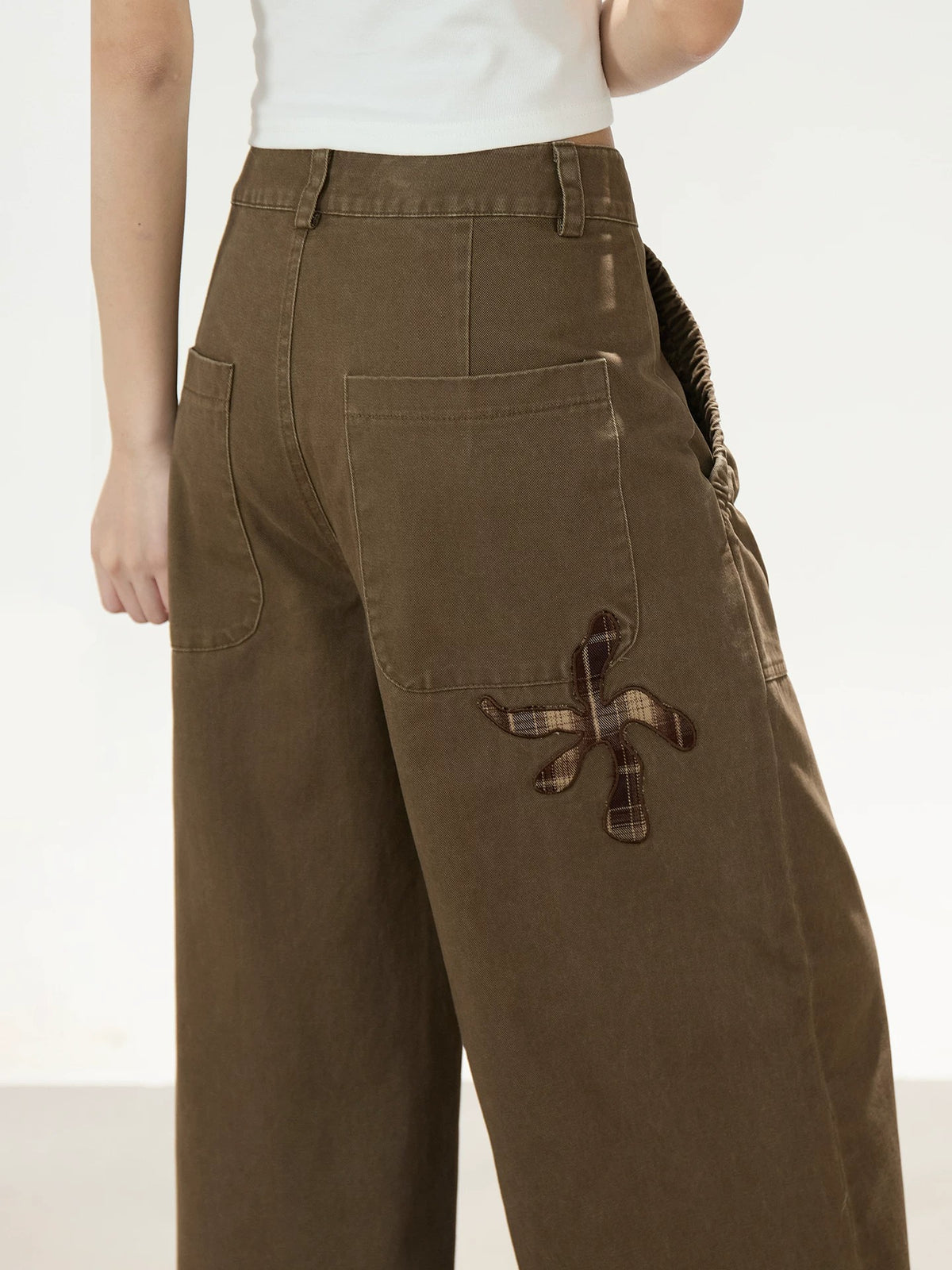 Plaid-Cuff Vintage Wide-Leg Work Pants