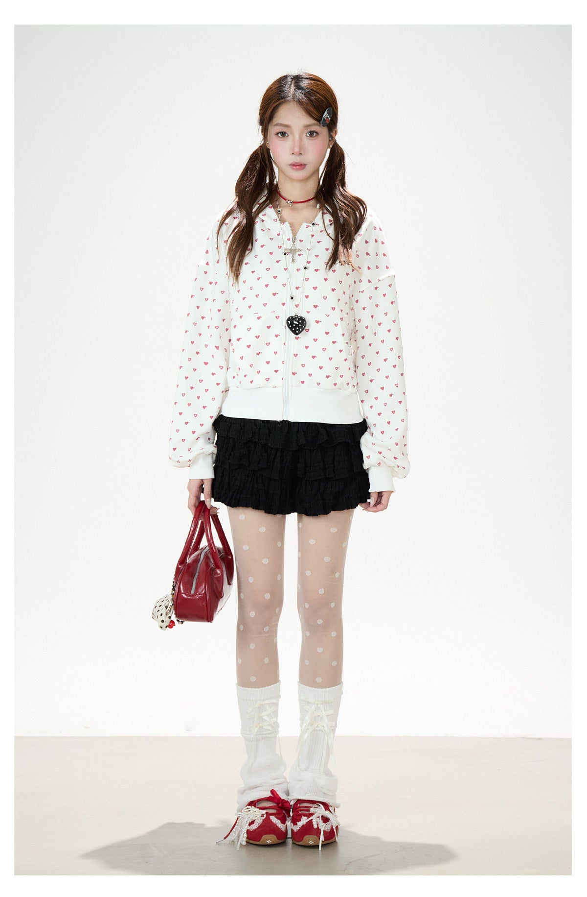 Heart Print Zip-Up Hoodie & Black Tiered Ruffle Mini Skirt