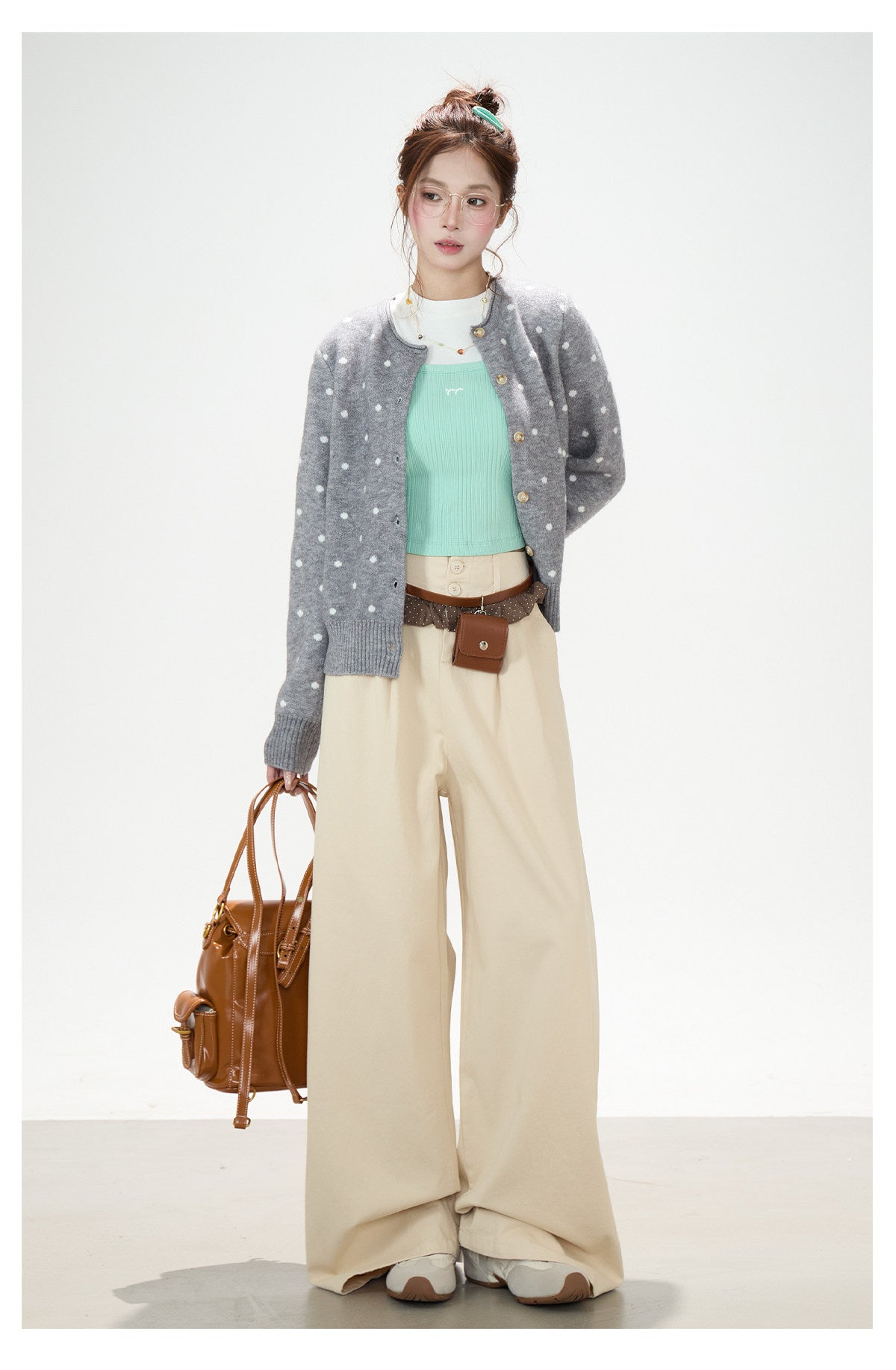 Polka-Dot Jacquard Knit Cardigan & Washed Flare Jeans