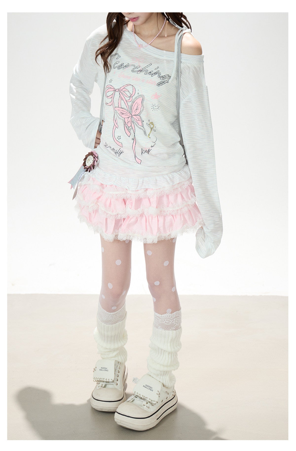 Bow Stripe Off-Shoulder Long Sleeve Top & Pink Wide-Leg Pants