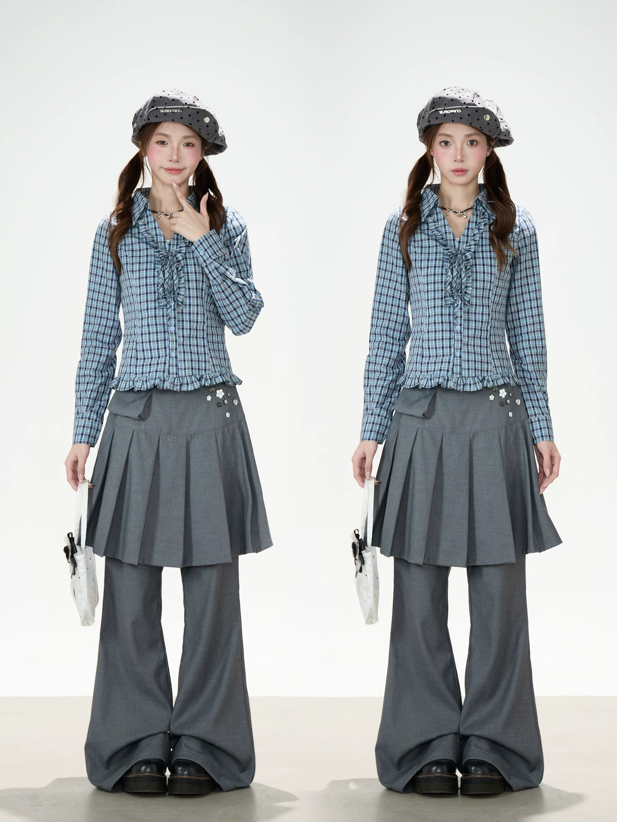 Pleated Skirt-Layer Flared Pants
