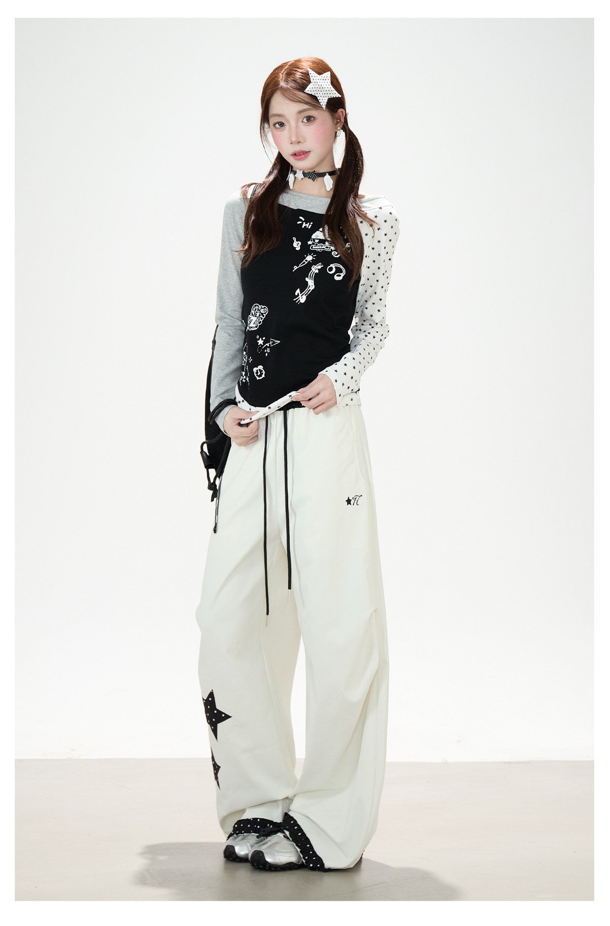 Star Polka-Dot Patchwork Wide-Leg Cargo Pants