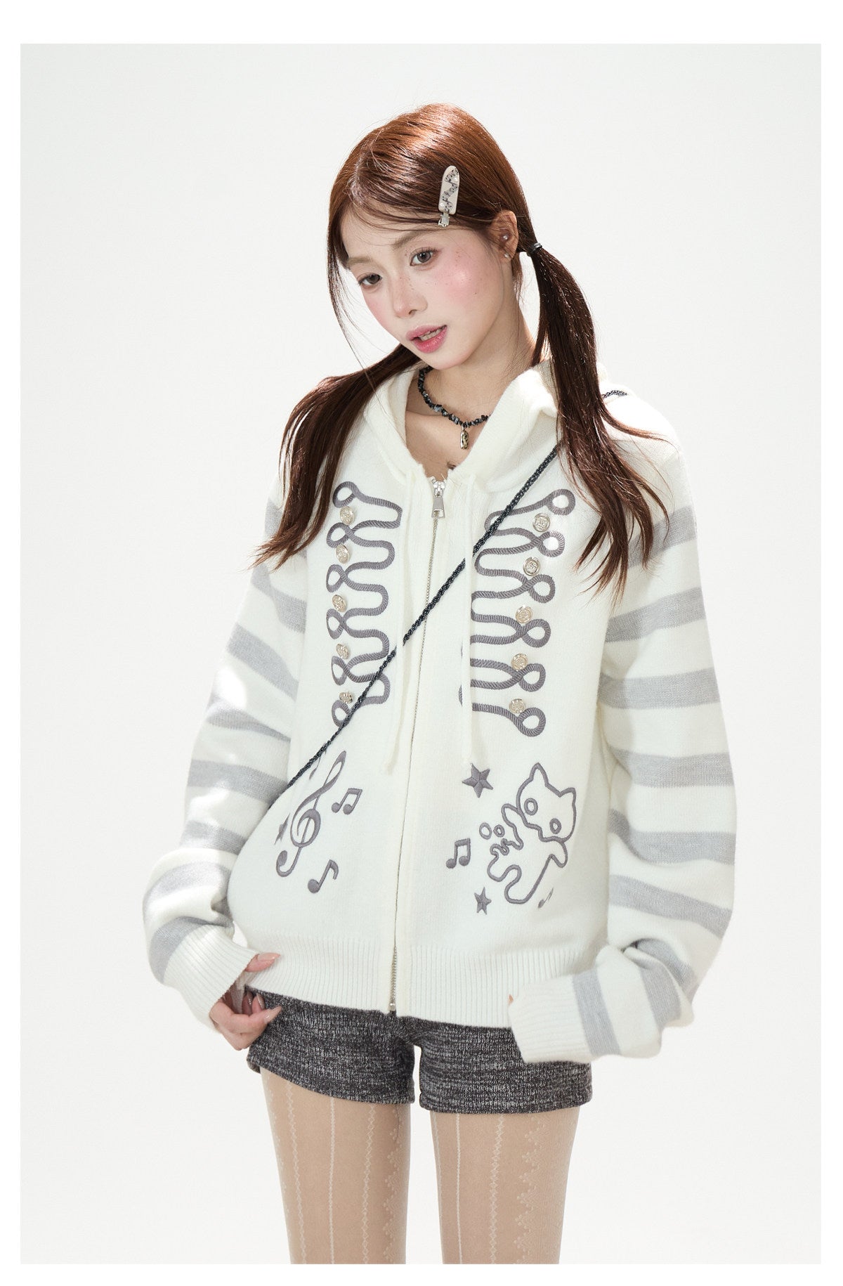 Doodle Stripe Hooded Knit Zip Cardigan