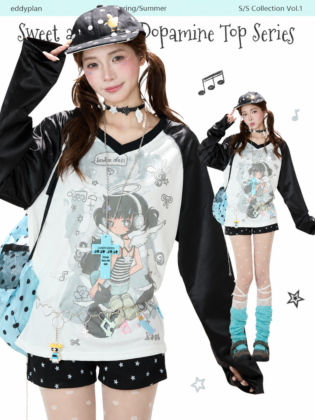 Cartoon Angel Raglan Long Sleeve Top & Black Star Drawstring Shorts