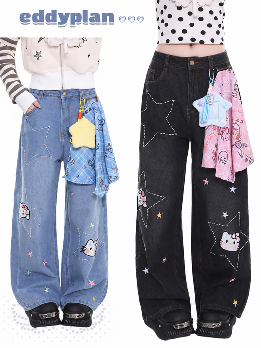 Cartoon Cat Star-Stitch Layered Wide-Leg Jeans with Charm