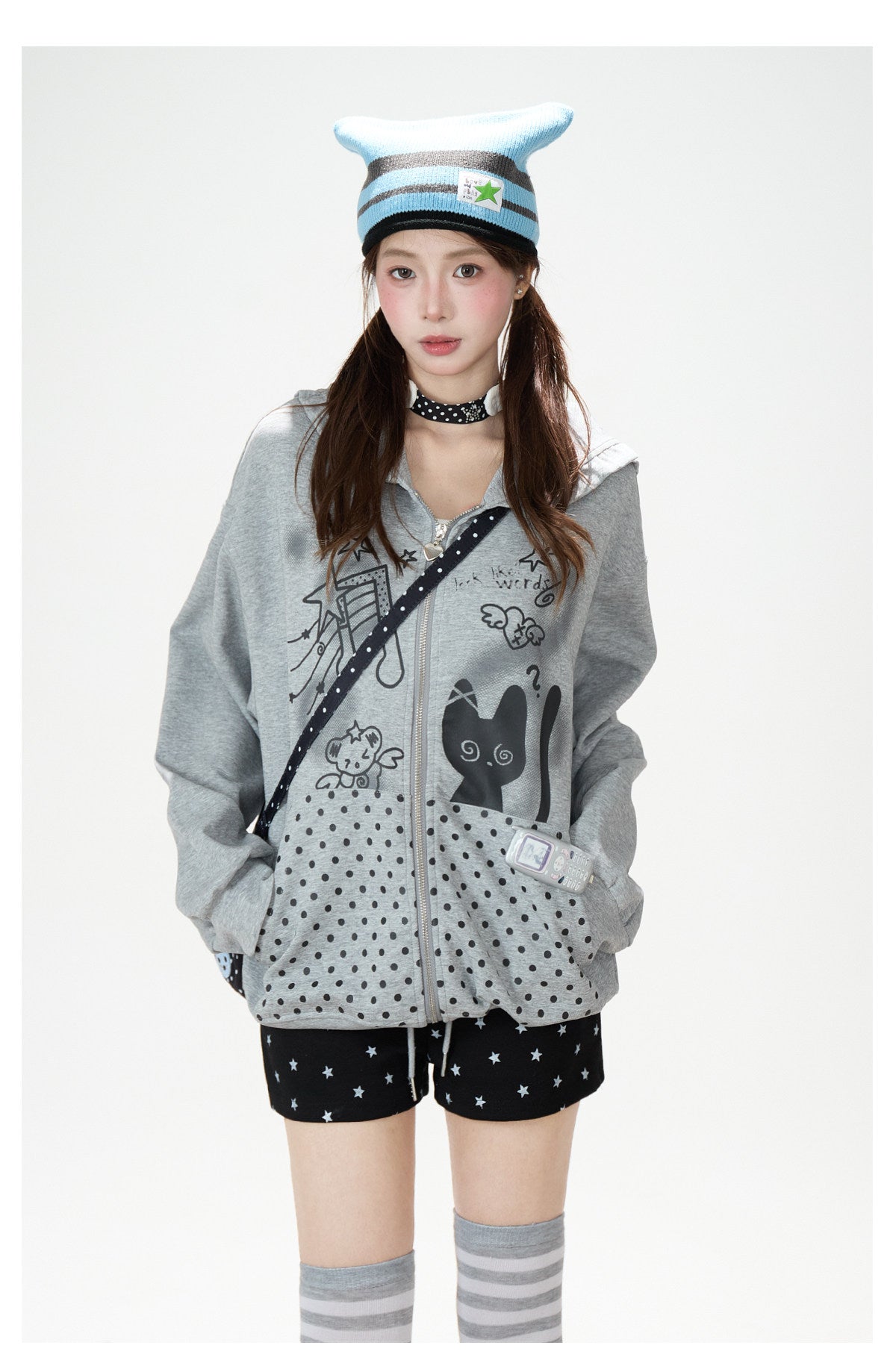 Cartoon Polka-Dot Zip-Up Hoodie & Star Print Shorts