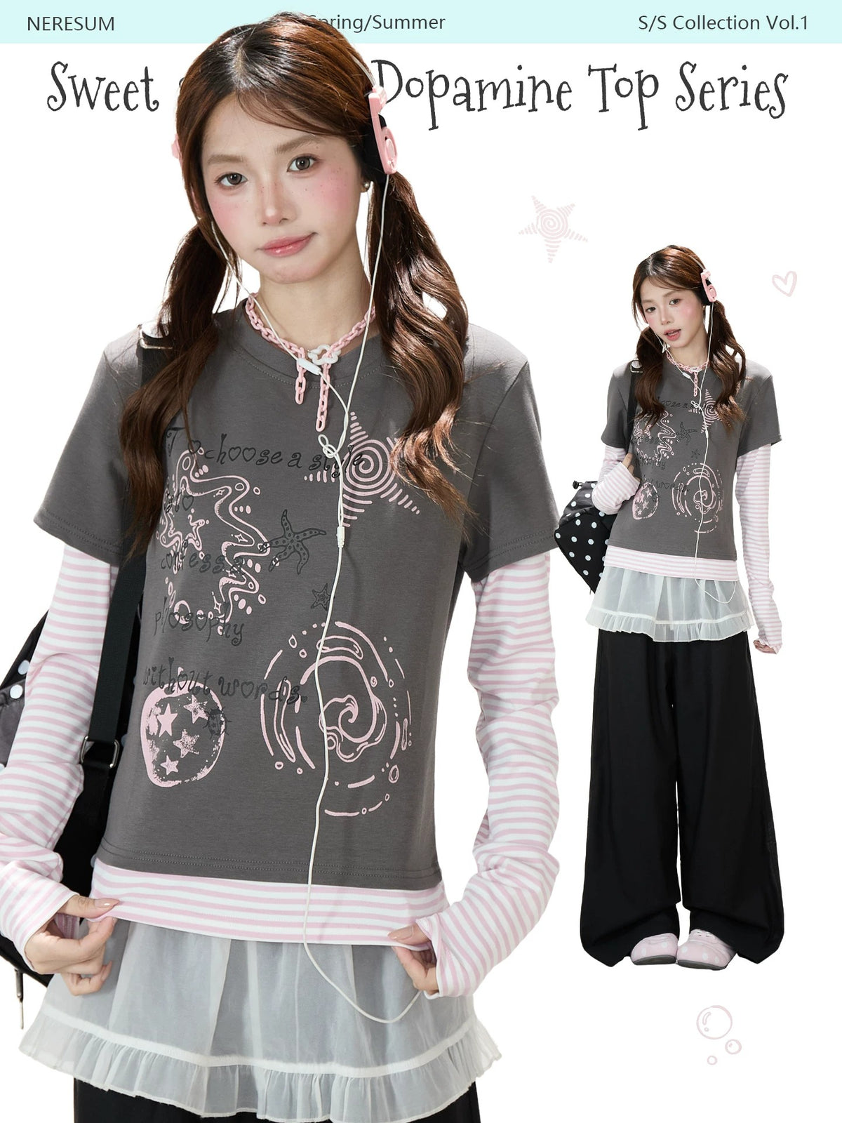 Graffiti Layered Long Sleeve Top & Black Wide-Leg Pants