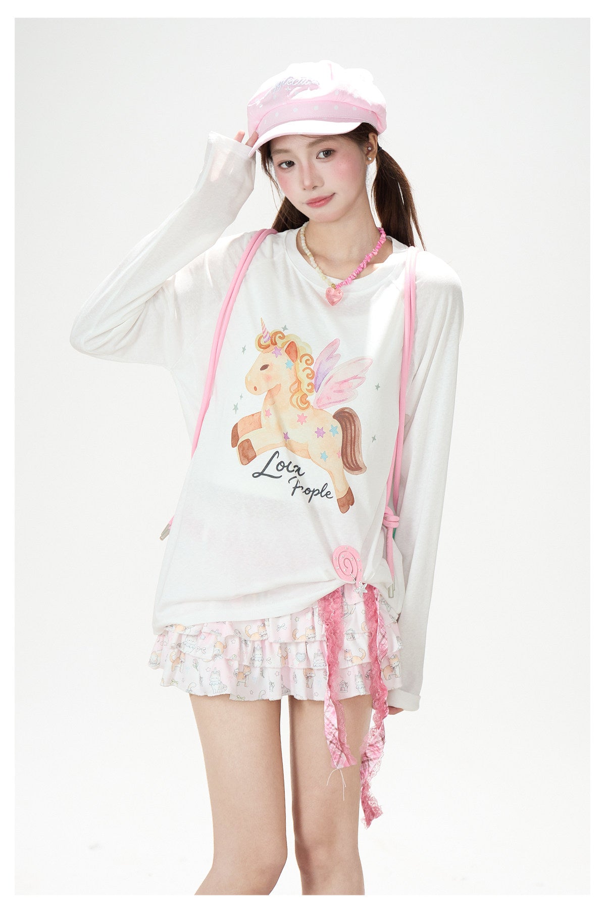 Cartoon Pony Long Sleeve Top & Pink Ruffle Mini Skirt