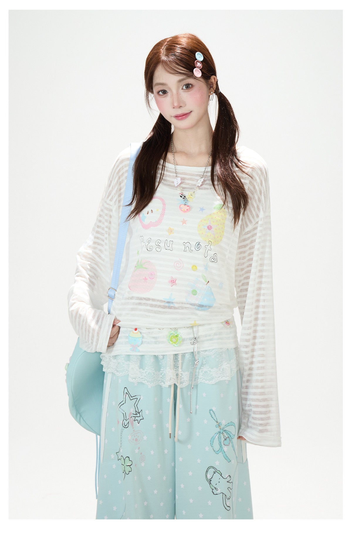 Fruit Doodle Stripe Long Sleeve Top & Polka-Dot Wide-Leg Pants