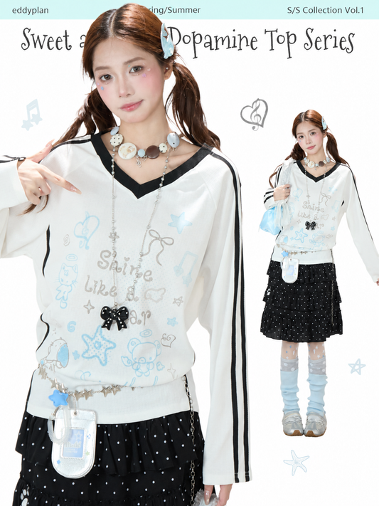 Dreamy Doodle V-Neck Long Sleeve Top & Polka Dot Tiered Ruffle Skirt