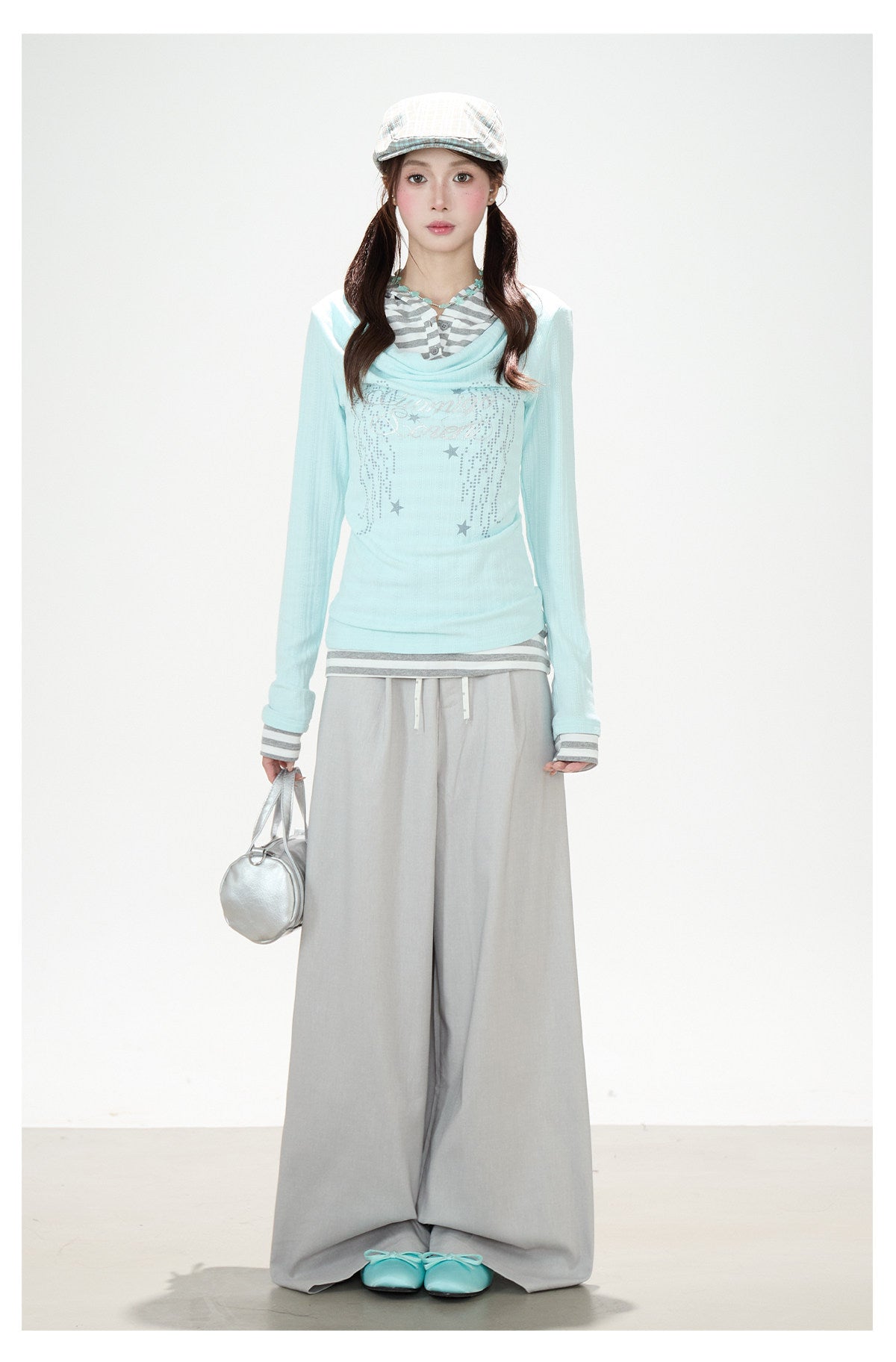 Cowl-Neck Hooded Layered Long Sleeve Top & Gray Wide-Leg Pants