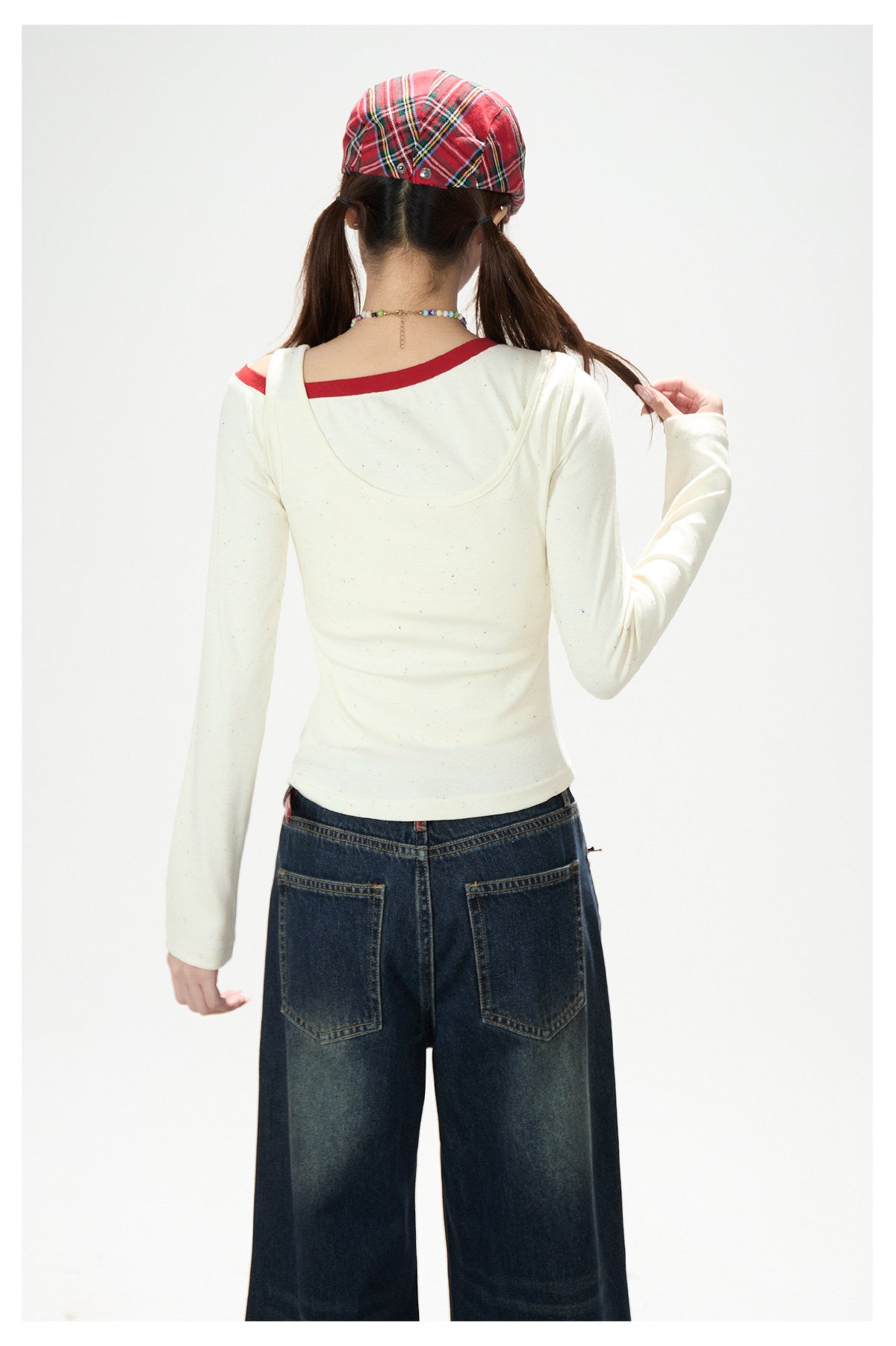 Letter Print Layered Long Sleeve Top & Star Patch Wide-Leg Jeans
