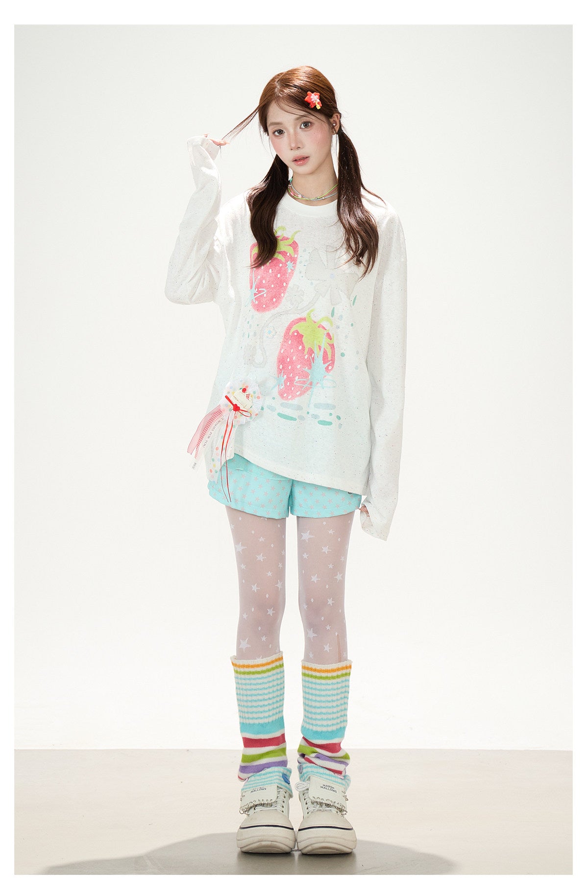 Strawberry Doodle Long Sleeve Tee & Aqua Polka-Dot Shorts