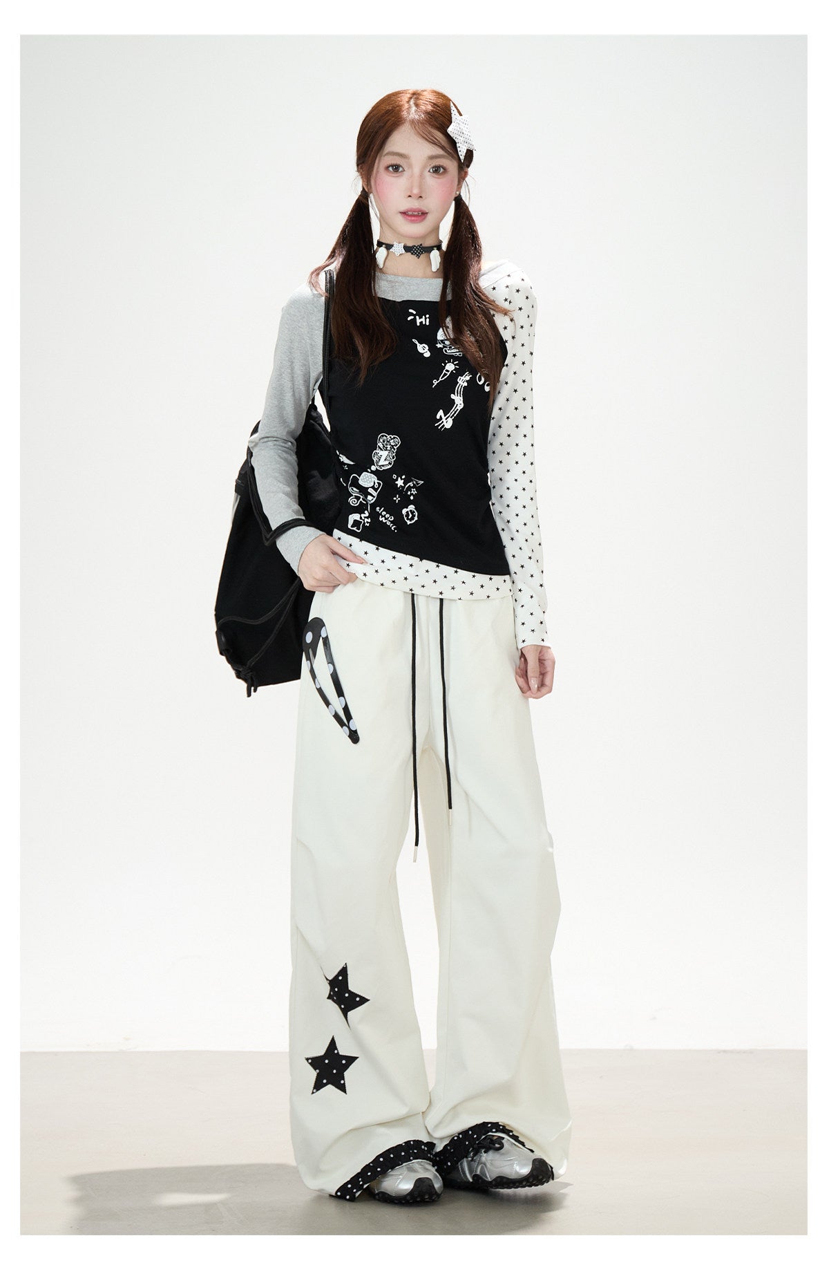 Star Polka-Dot Patchwork Wide-Leg Cargo Pants