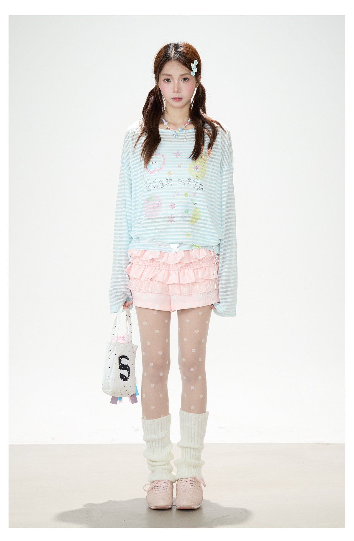 Playful Stripe Graphic Sheer Long Sleeve Top & Pink Wide-Leg Pants