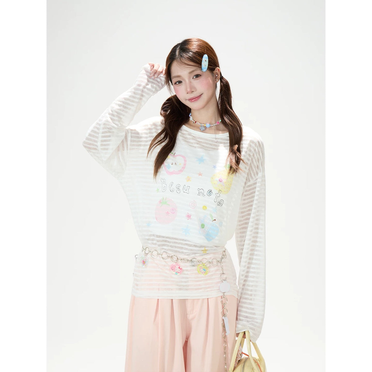 Playful Stripe Graphic Sheer Long Sleeve Top & Pink Wide-Leg Pants