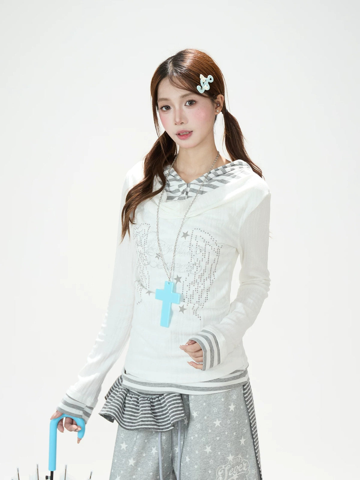 Cowl-Neck Hooded Layered Long Sleeve Top & Gray Wide-Leg Pants