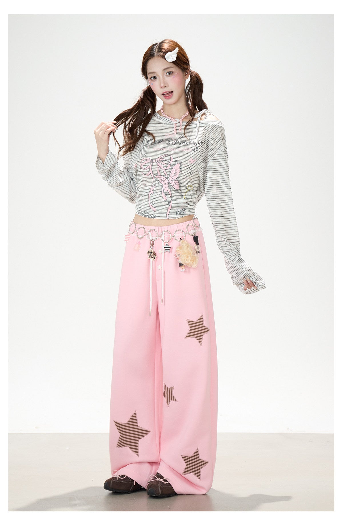 Bow Stripe Off-Shoulder Long Sleeve Top & Pink Wide-Leg Pants