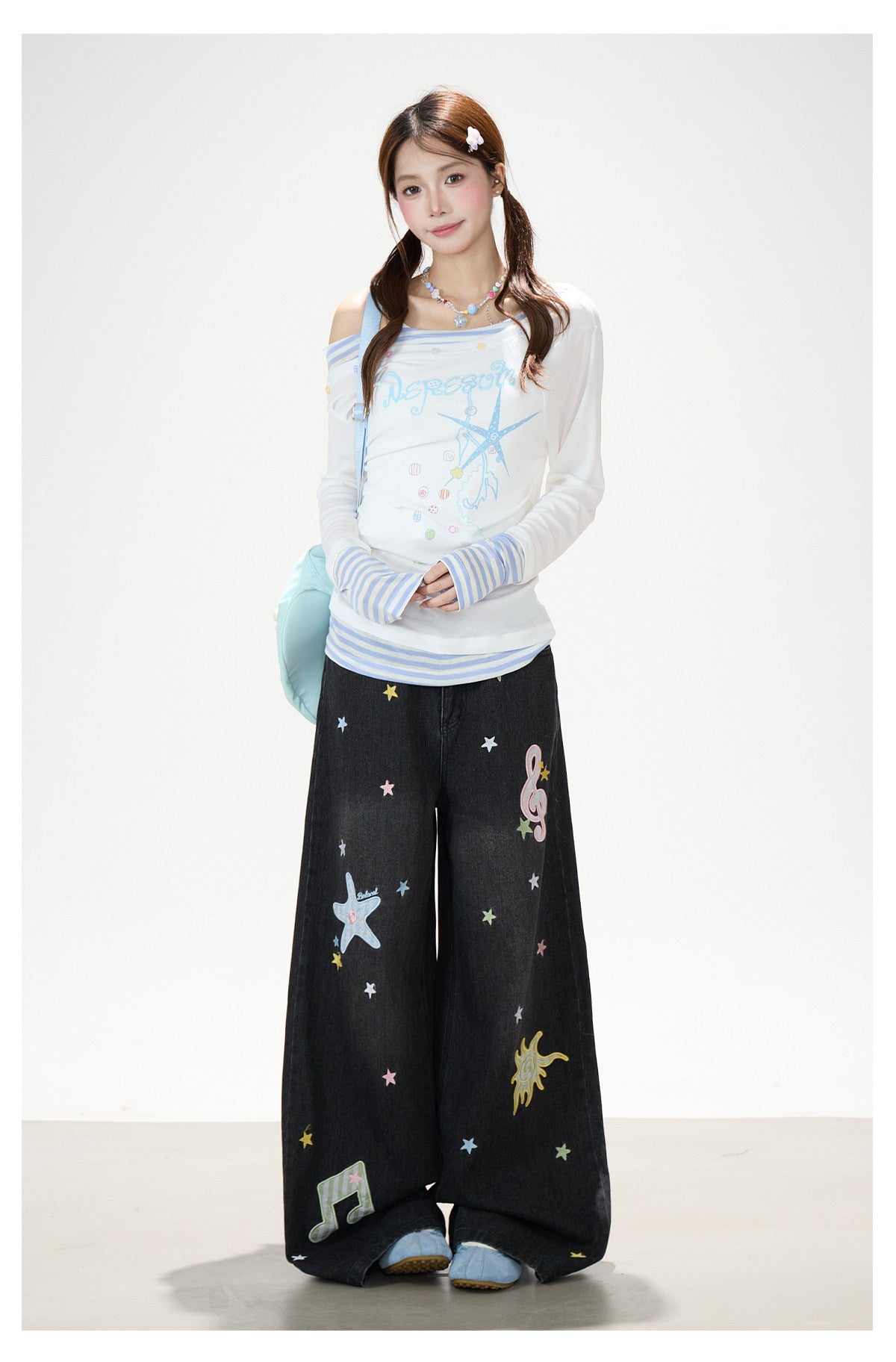 Starfish Stripe Off-Shoulder Layered Long Sleeve Top & Graphic Wide-Leg Pants