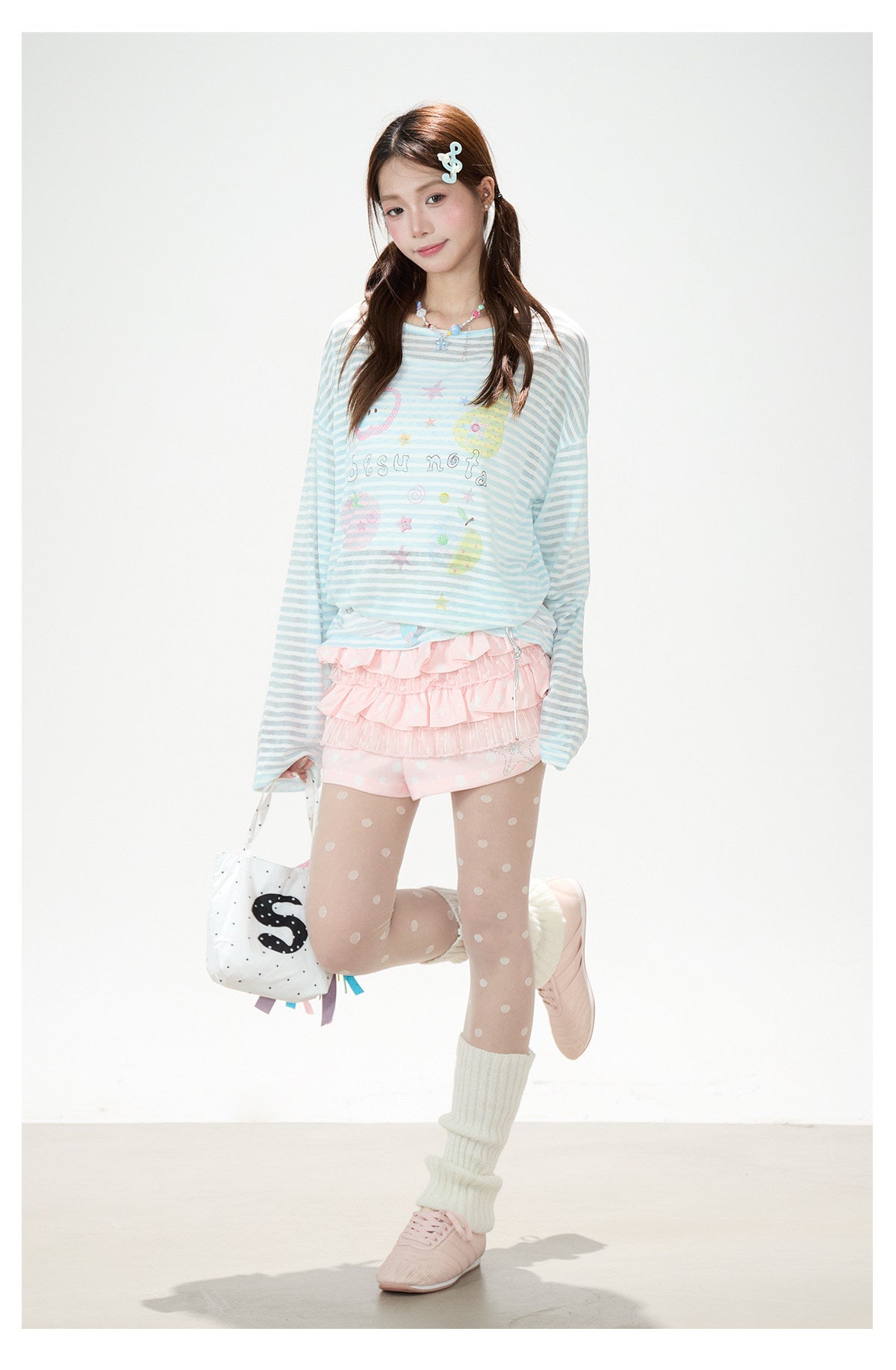 Playful Stripe Graphic Sheer Long Sleeve Top & Pink Wide-Leg Pants