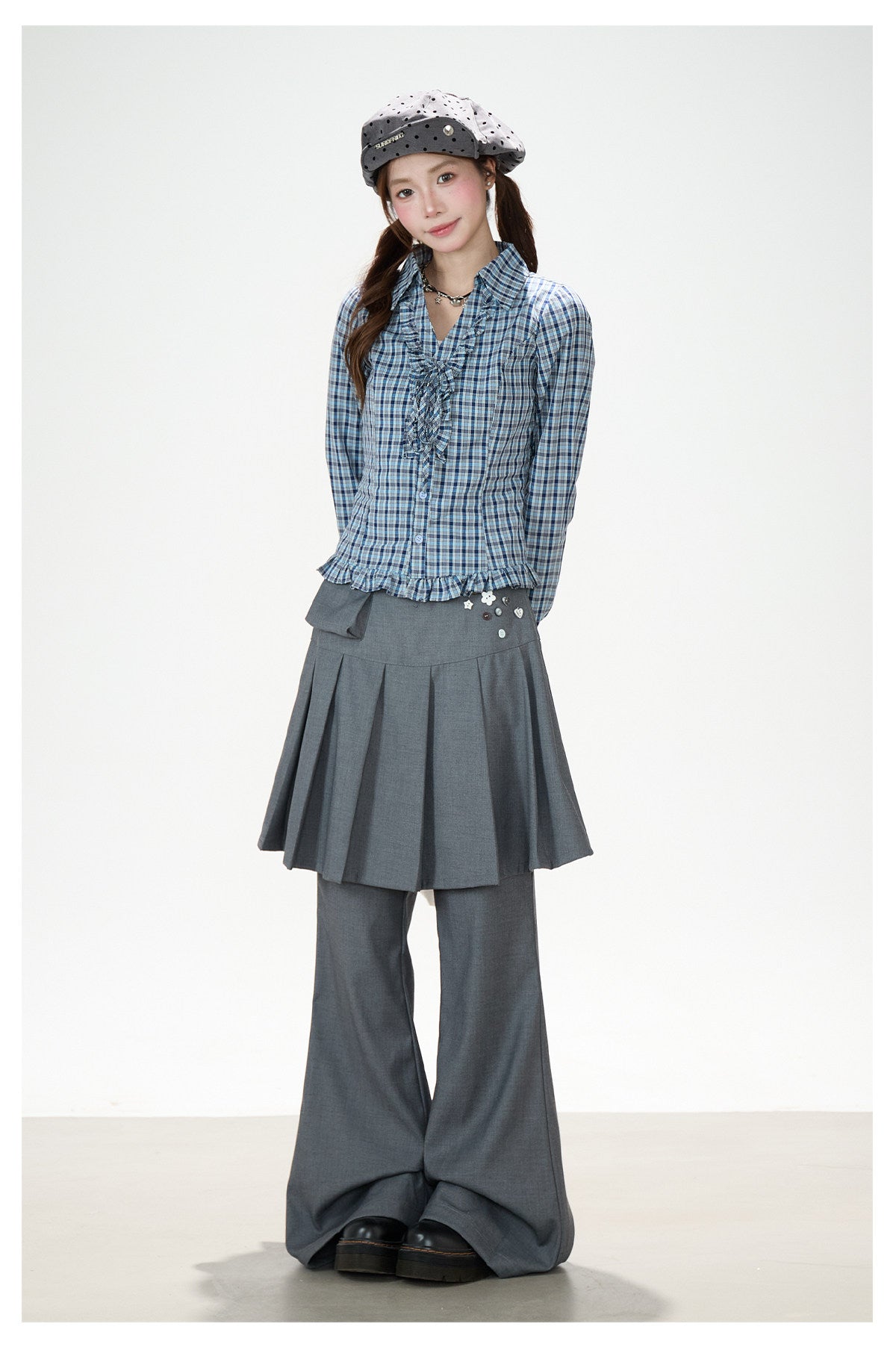 Pleated Skirt-Layer Flared Pants