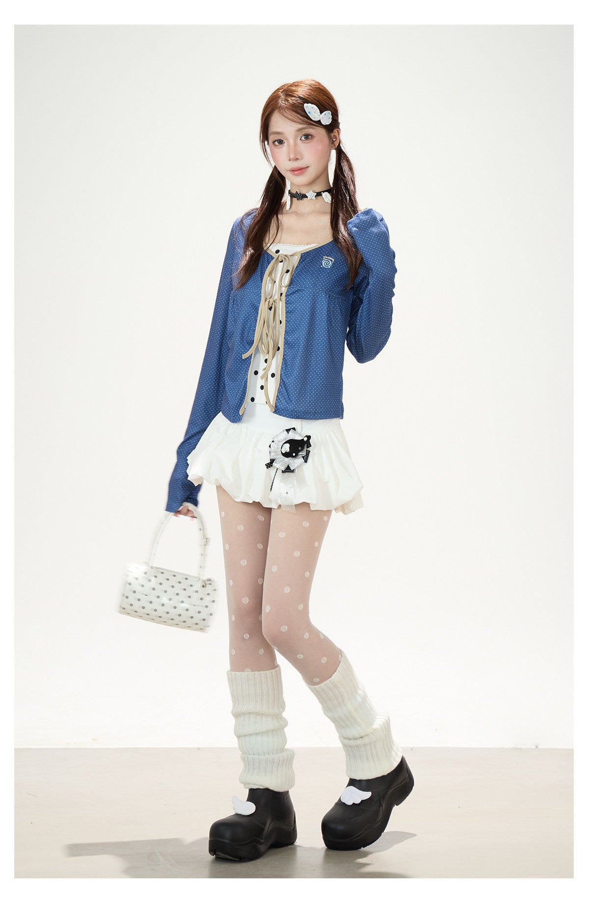 Polka-Dot Tie-Front Layered Long Sleeve Top & Pinstripe Button Wide-Leg Pants