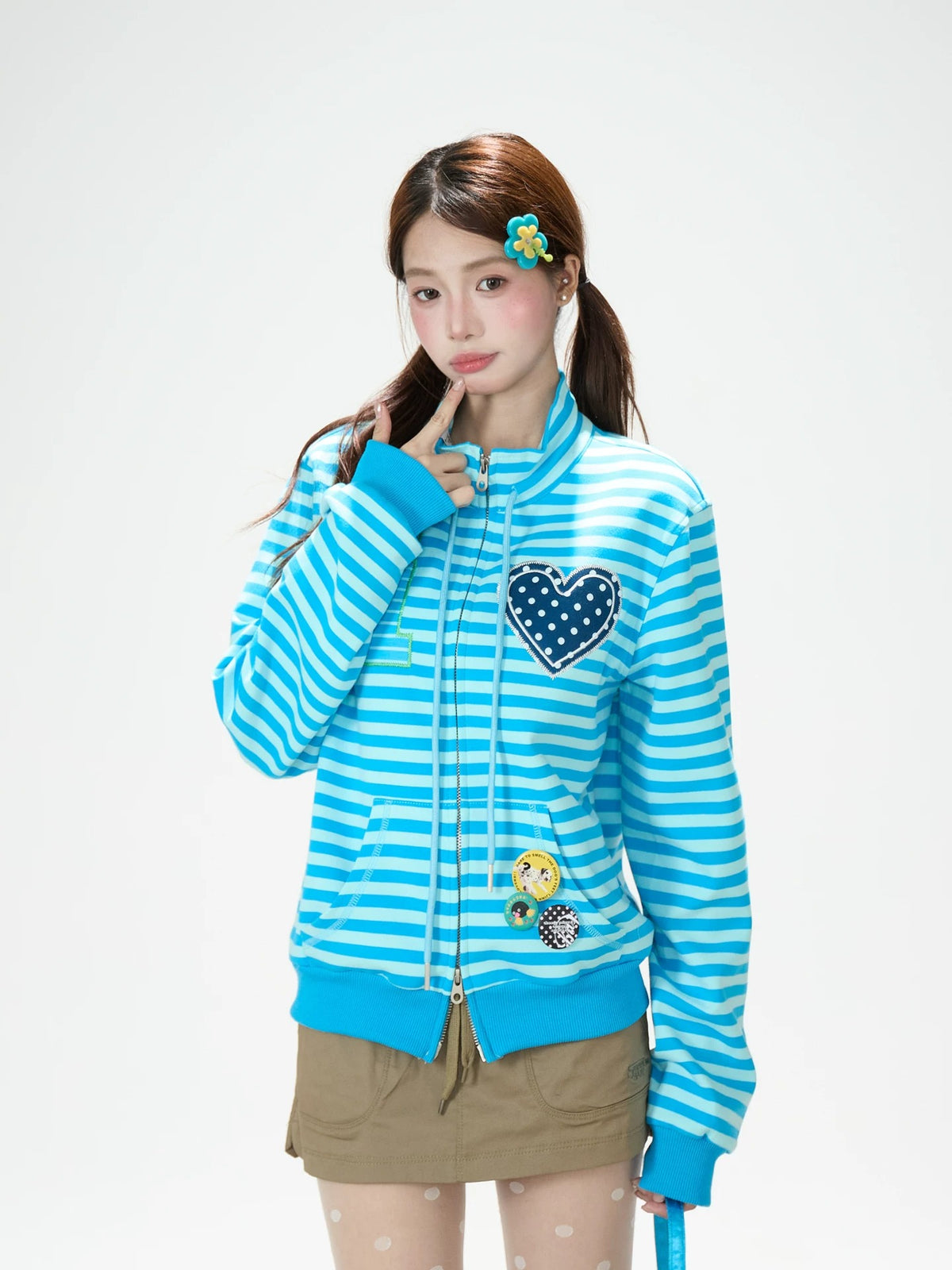 Heart Stripe Zip-Up Sweatshirt Jacket & White Star Shorts