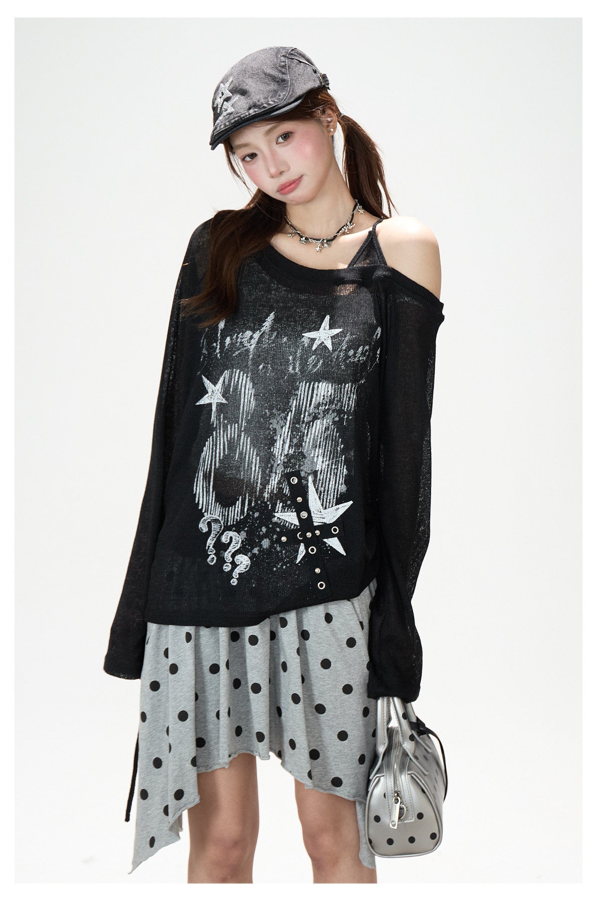 Dark Graffiti Off-Shoulder Long Sleeve Top & Asymmetric Polka-Dot Mini Skirt