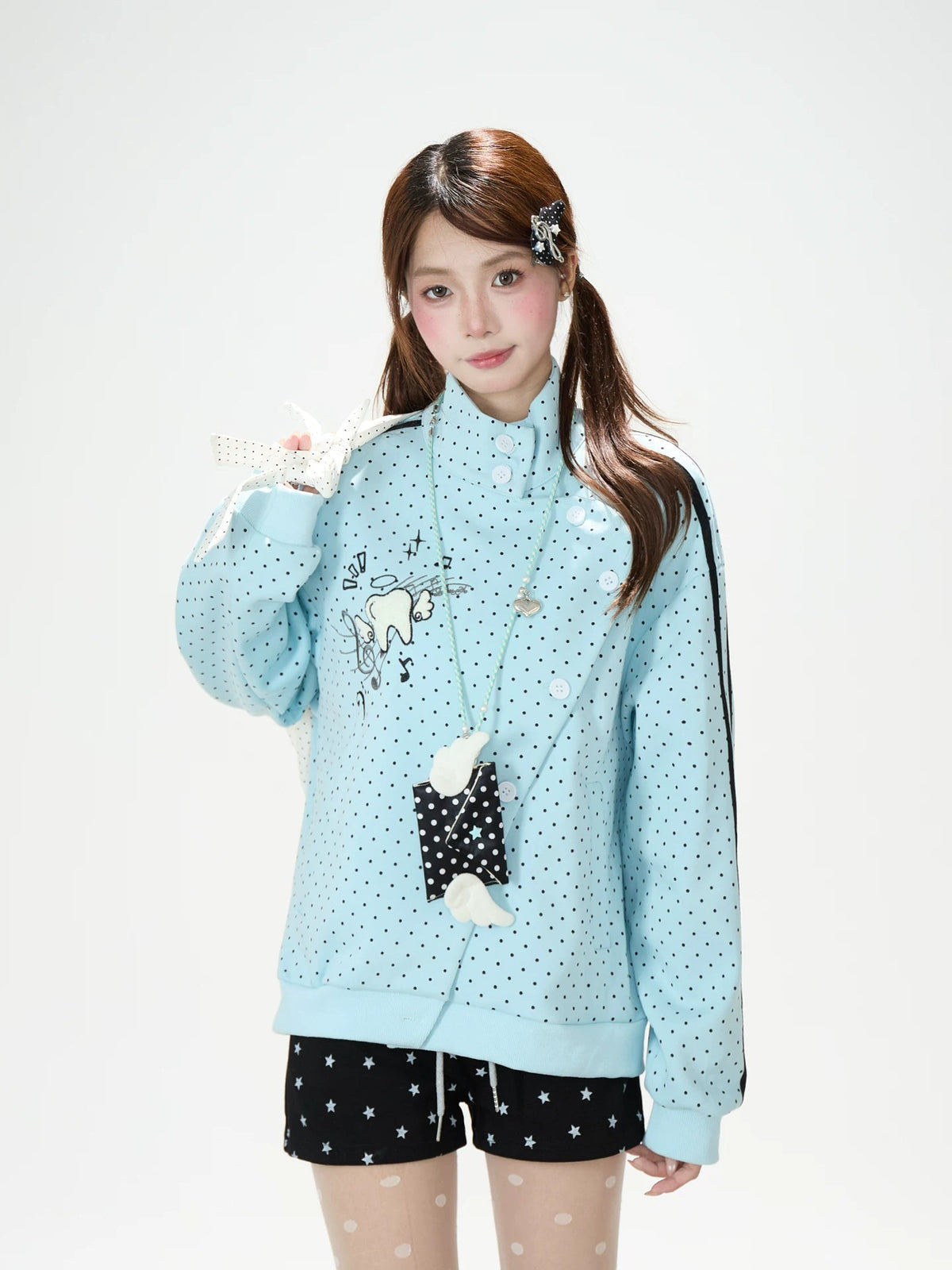 Polka-Dot Stripe Asymmetric Button Jacket & Star Print Shorts