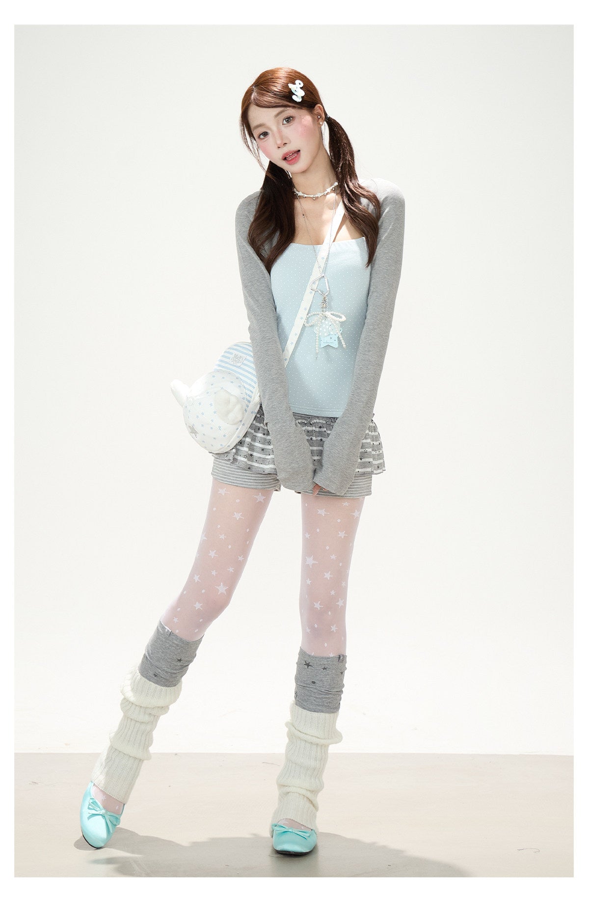 Polka-Dot Layered Cami Long Sleeve Top & Gray Ruffle Shorts