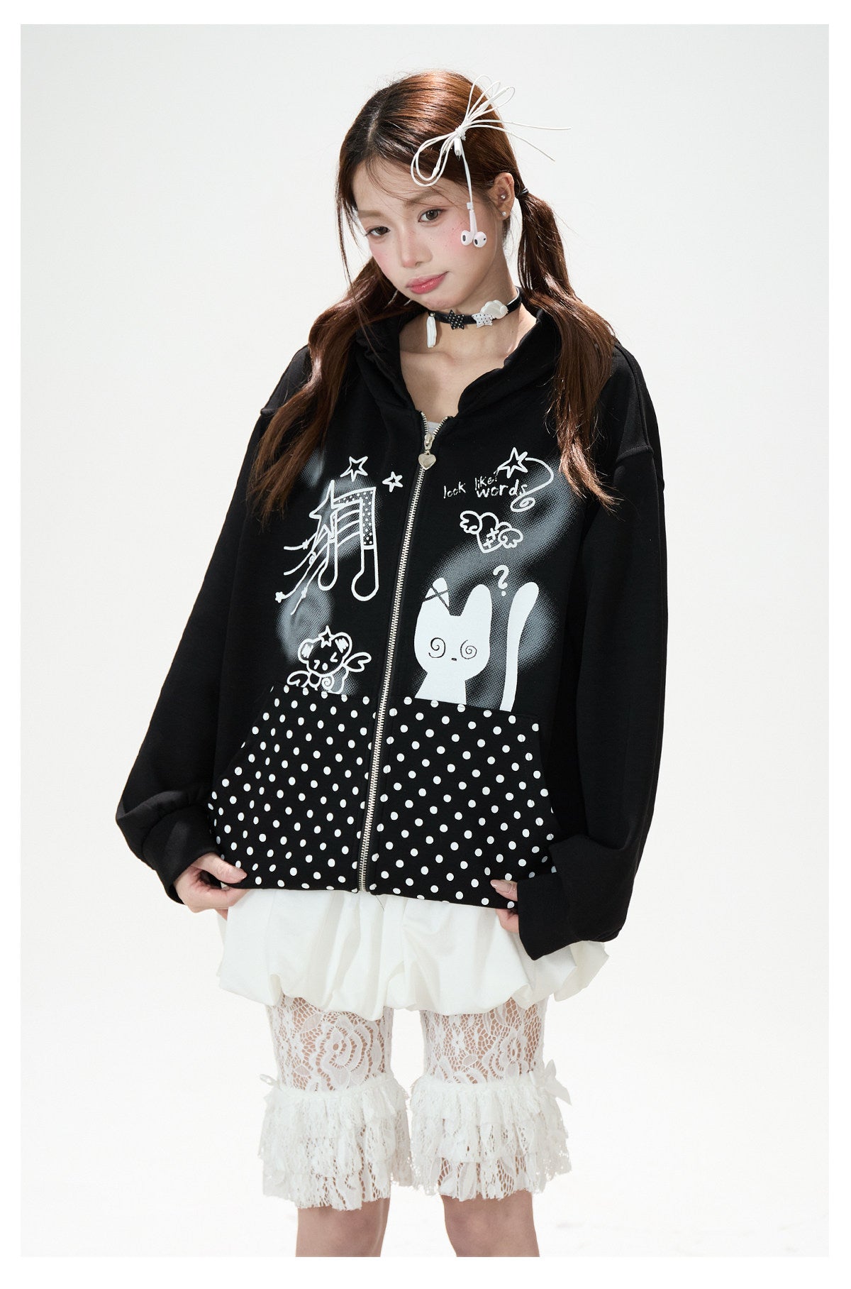 Cartoon Polka-Dot Zip-Up Hoodie & Star Print Shorts
