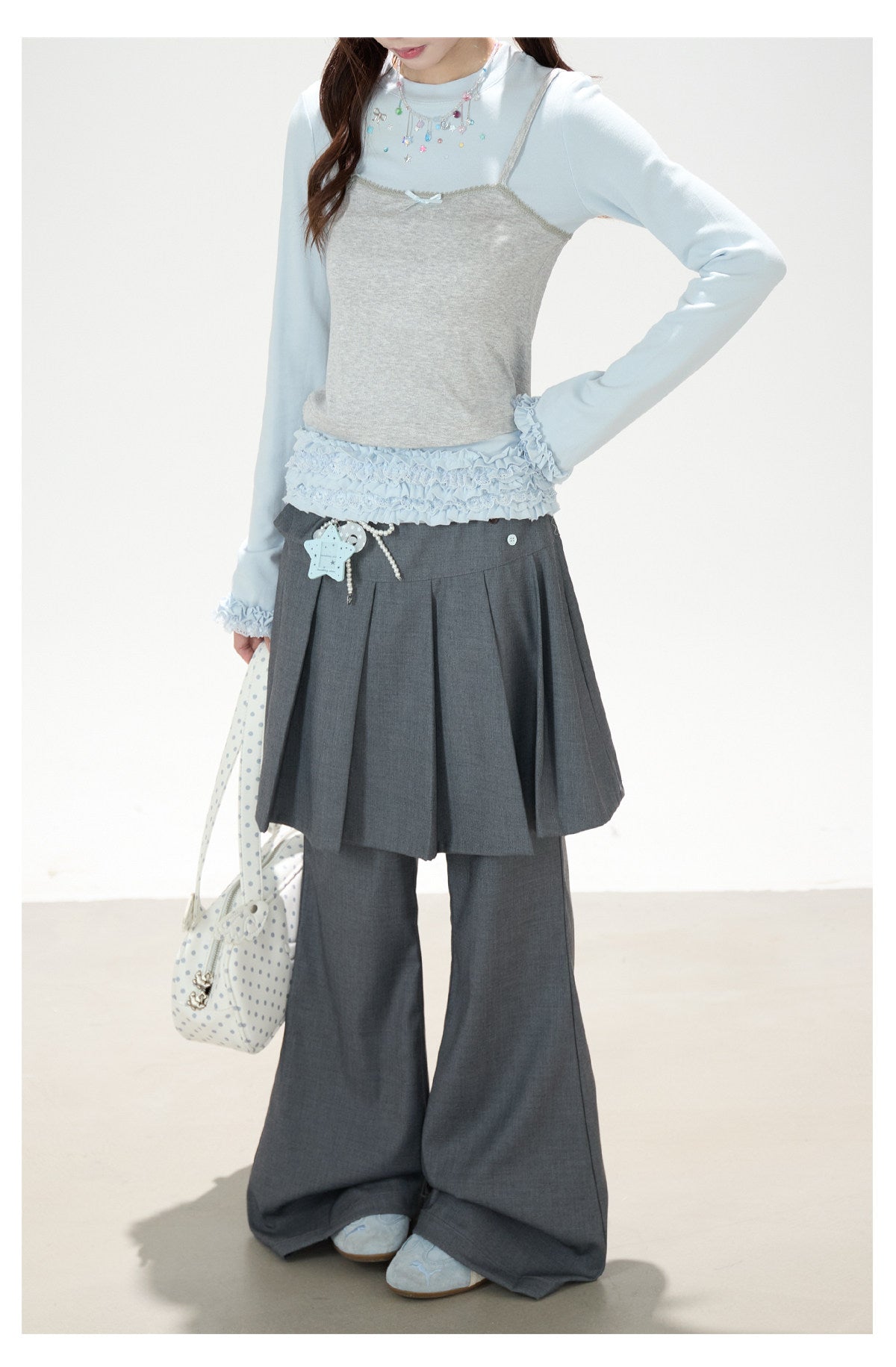 Ruffle Hem Layered Cami Long Sleeve Top & Washed Wide-Leg Jeans