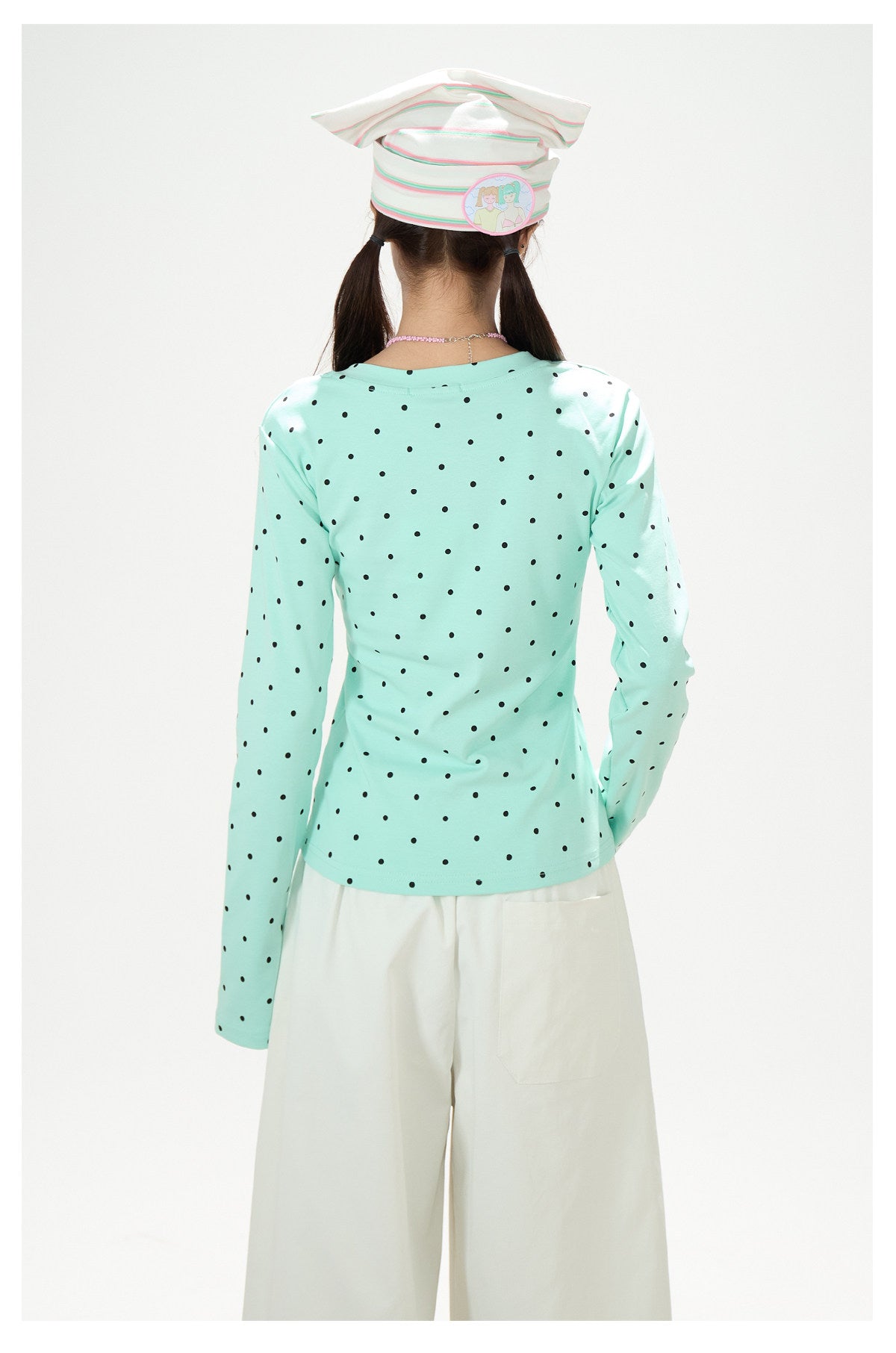 Polka-Dot V-Neck Long Sleeve Top & Star Music Note Wide-Leg Pants