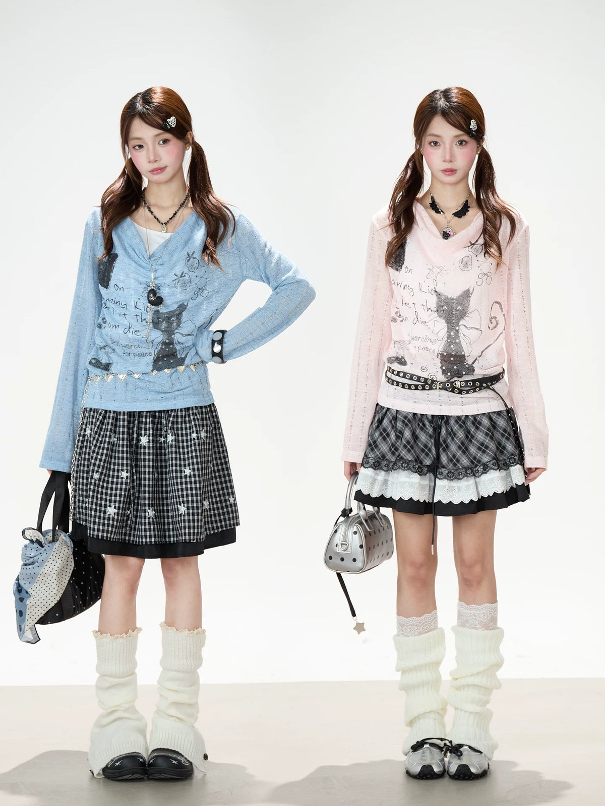 Cartoon Graffiti Cowl-Neck Long Sleeve Top & Black Plaid Lace Mini Skirt