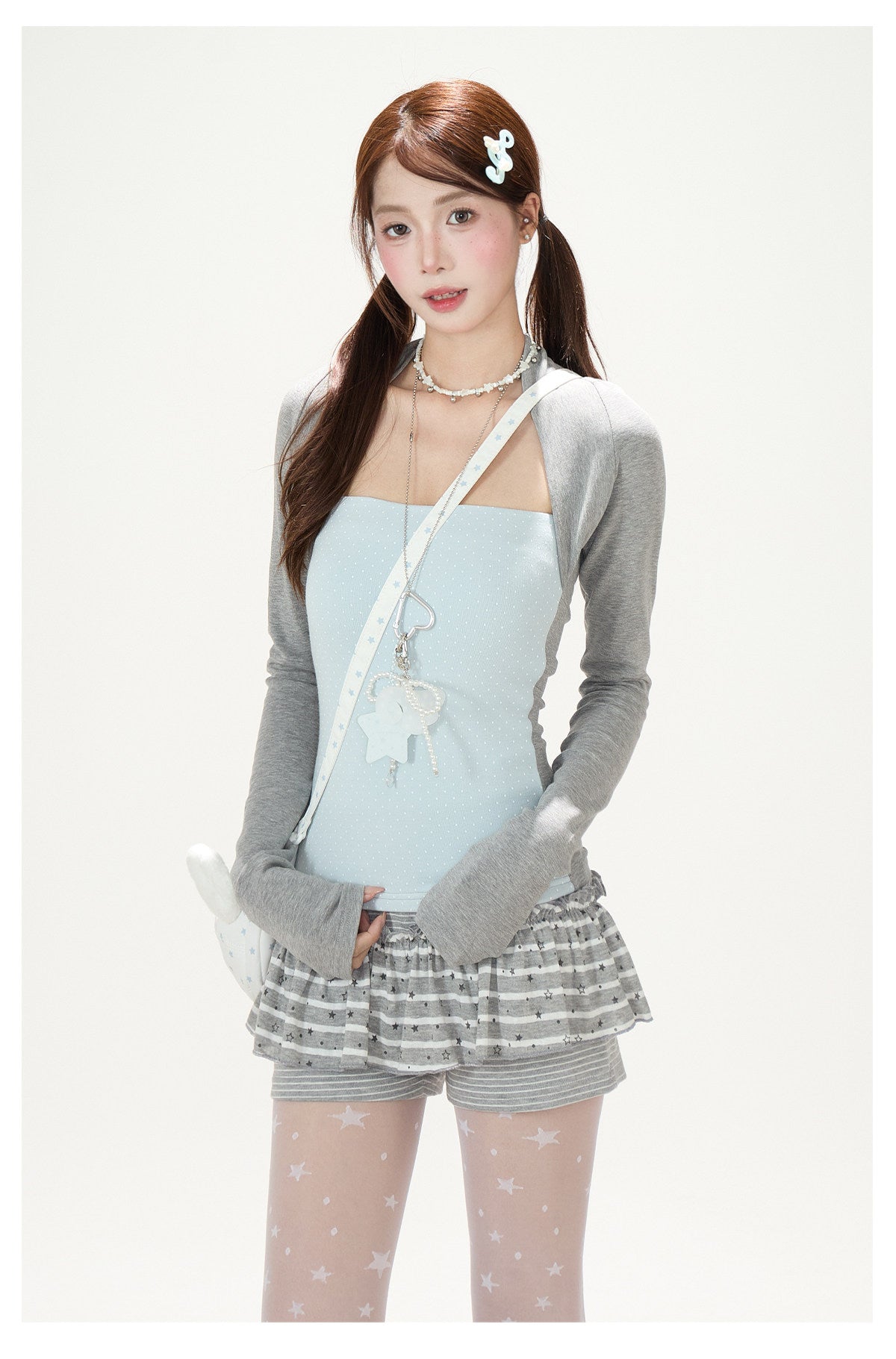 Polka-Dot Layered Cami Long Sleeve Top & Gray Ruffle Shorts