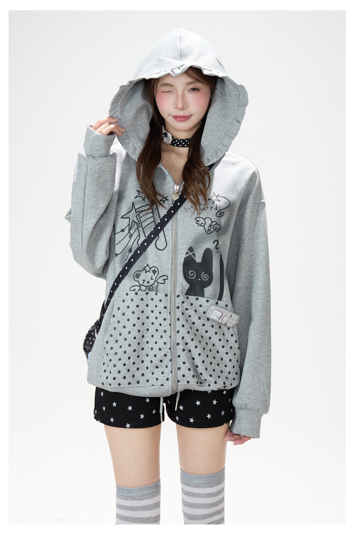 Cartoon Polka-Dot Zip-Up Hoodie & Star Print Shorts