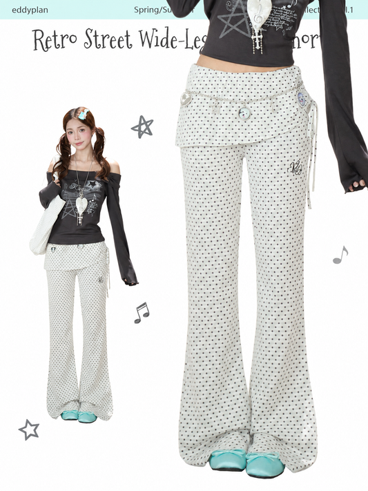 Polka Dot Wrap-Panel Flare Pants