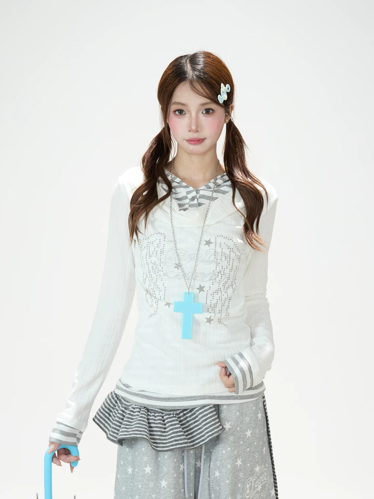 Angel Wing Graphic Hooded Stripe Layered Long Sleeve Top