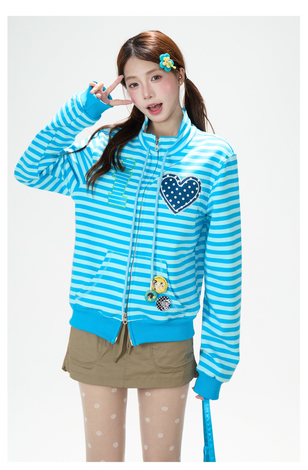 Heart Stripe Zip-Up Sweatshirt Jacket & White Star Shorts