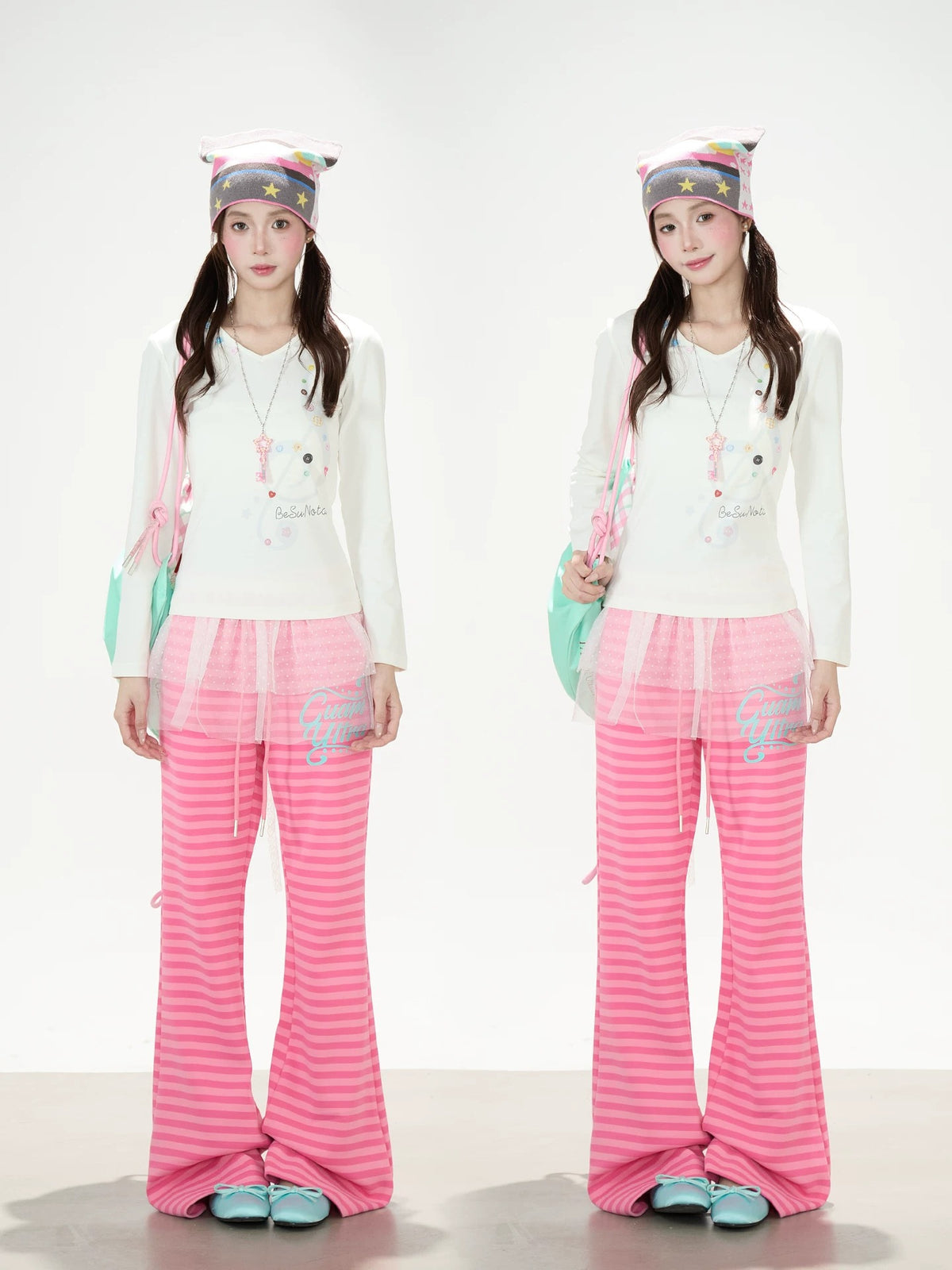 Music Note Star Button V-Neck Long Sleeve Top & Pink Stripe Wide-Leg Pants