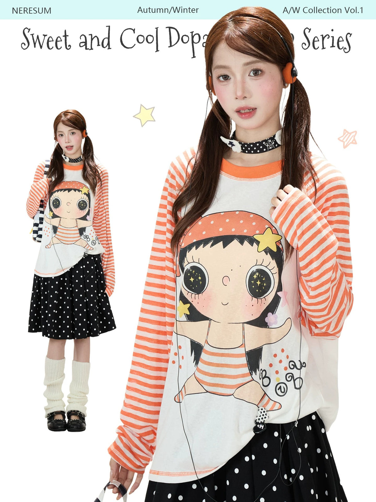 Cartoon Girl Stripe Raglan Long Sleeve Top & Black Polka-Dot Ruffle Skirt