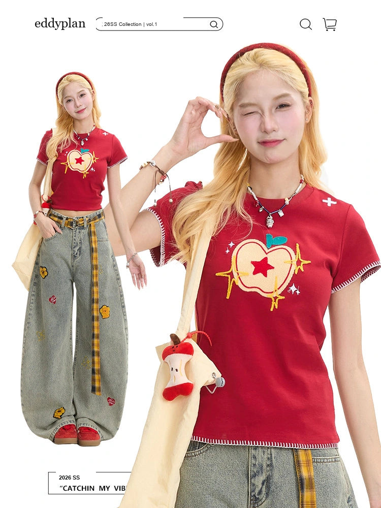 Apple Star Embroidered Baby Tee