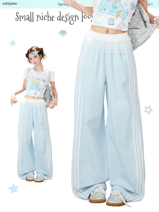 Ruffle Waist Side Stripe Wide-Leg Pants
