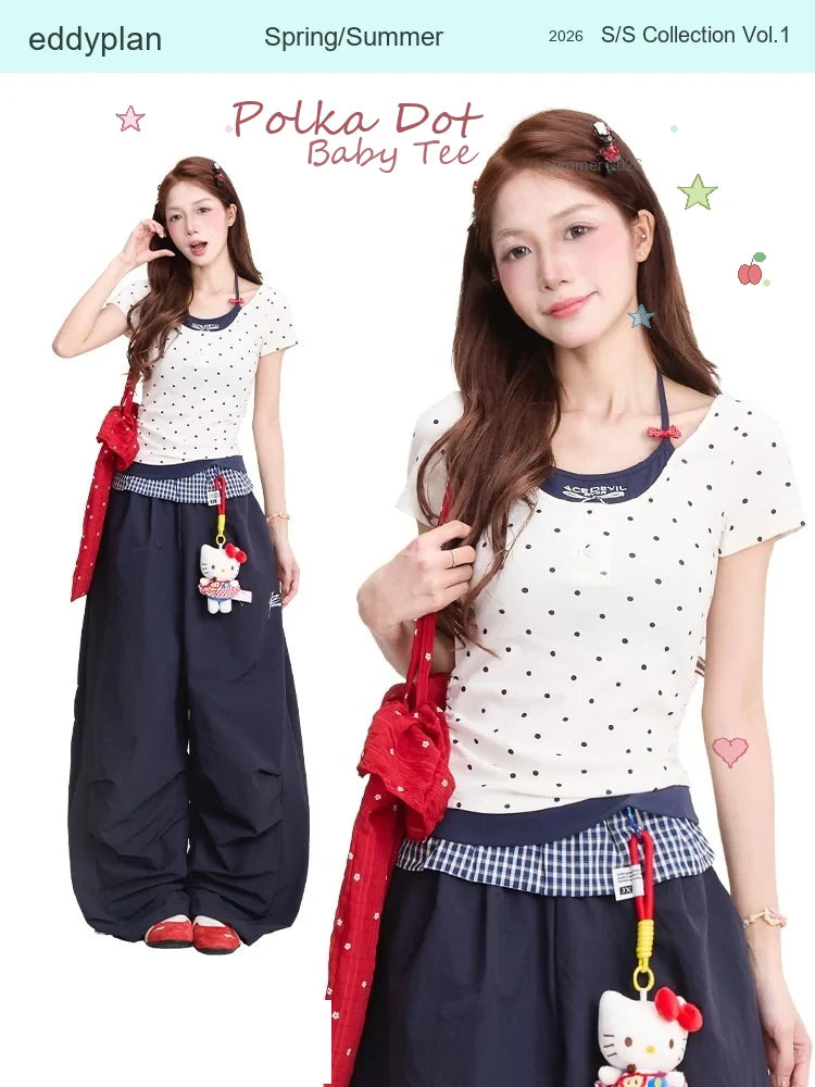 Polka Dot Baby Tee & Navy Wide-Leg Pants