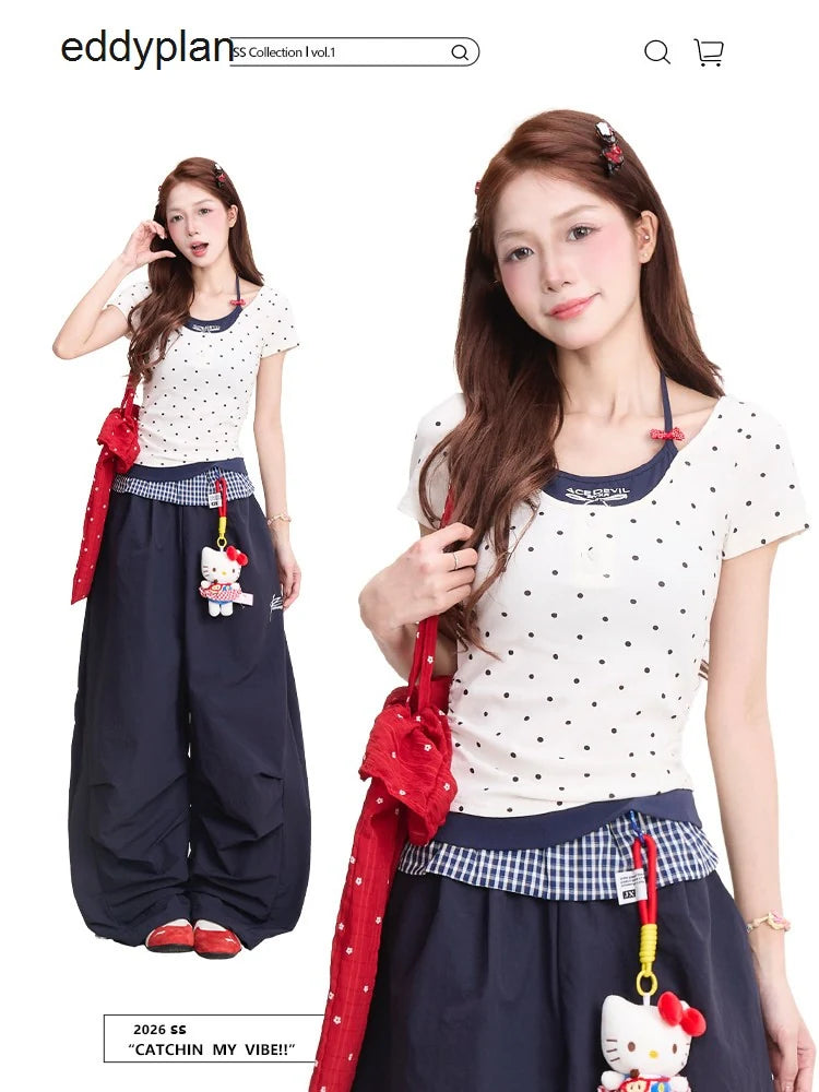 Polka Dot Baby Tee & Navy Wide-Leg Pants