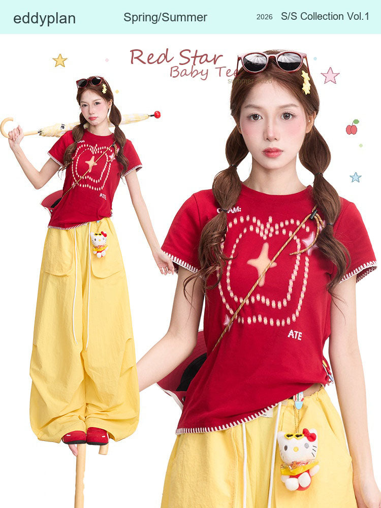 Red Star Baby Tee & Yellow Wide-Leg Pants