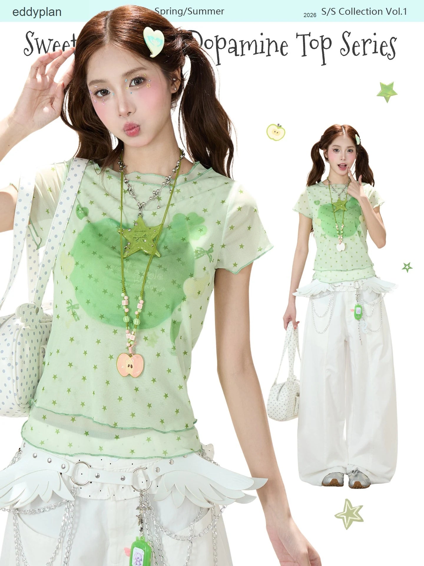 Star Mesh Baby Tee & White Wide-Leg Pants