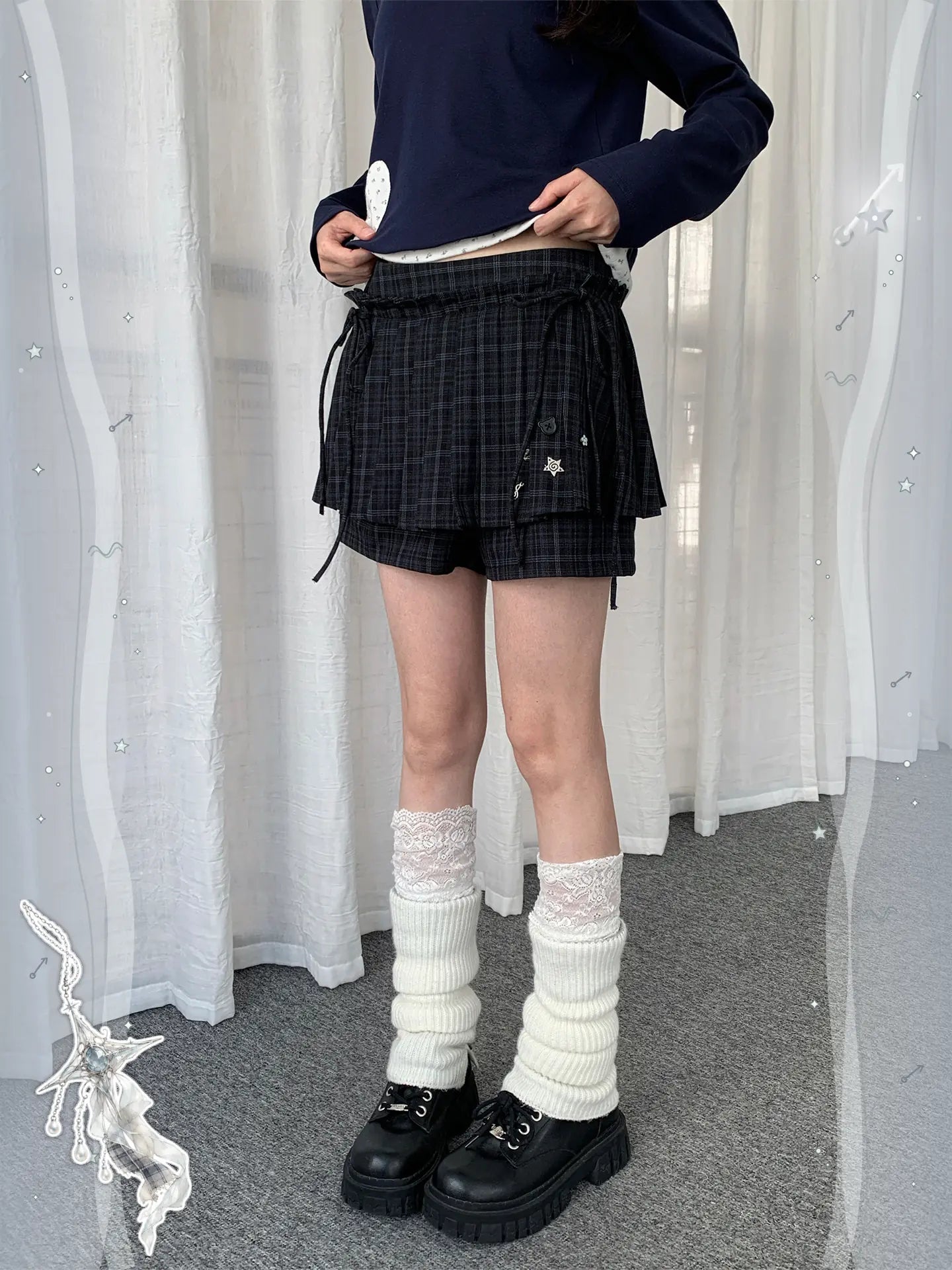 Vintage Plaid Layered Tie-Waist Skort Shorts