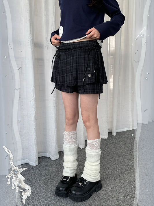 Vintage Plaid Layered Tie-Waist Skort Shorts